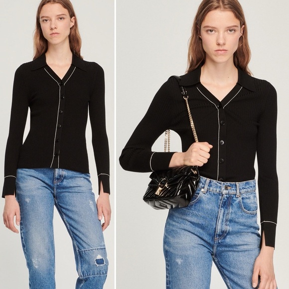 Sandro Spread Collar Ribbed Knit Cardigan Sweater 8 medium black button V neck - Picture 1 of 13